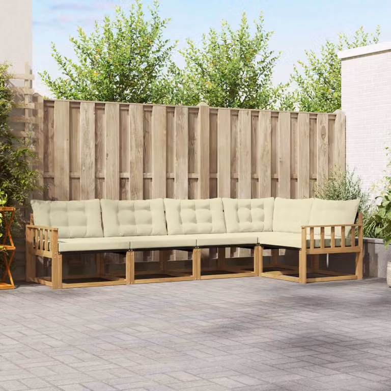 Set di divani da esterno vidaXL a forma di L in legno di acacia con cuscini bianchi e beige