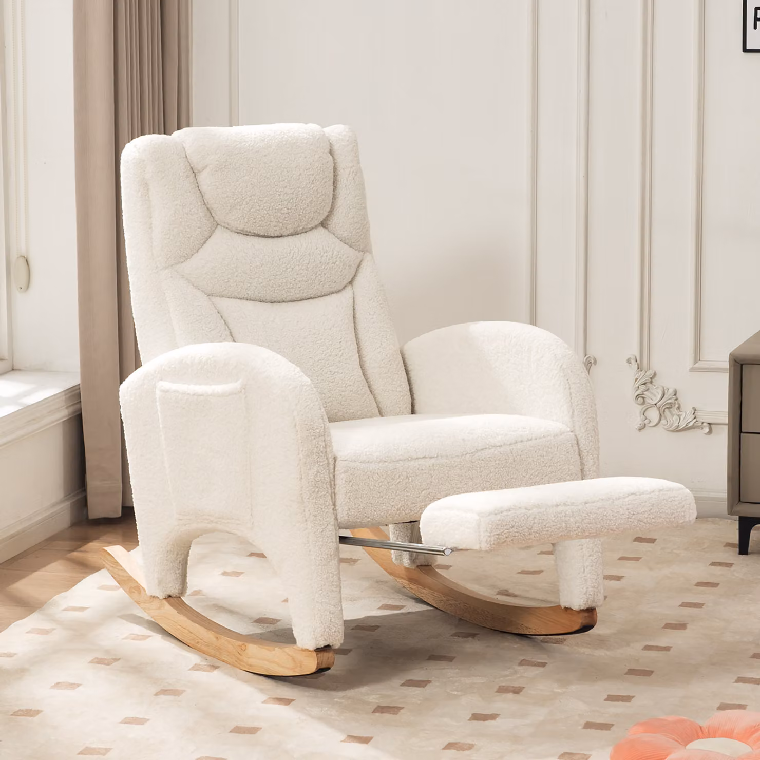 Sedie a dondolo AIORBER, tessuto teddy, morbido, struttura in legno, imbottite, portata 110 kg, reclinabili, per soggiorno, camera da letto, 66x125x101cm, bianco
