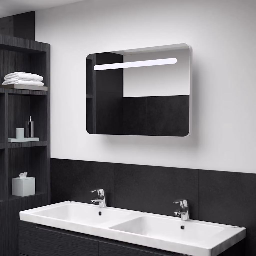 Armadietto da bagno con specchio e illuminazione LED vidaXL, bianco e argento, L 80 cm x P 9,5 cm x H 55 cm