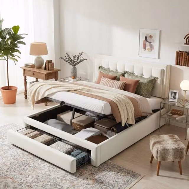 Letto imbottito con cassetti - Xylo - 140x200 - Beige - Velluto