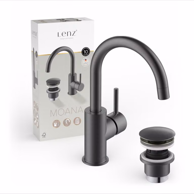 Miscelatore per lavabo Moana, colore grafite, girevole a 360°, a risparmio idrico