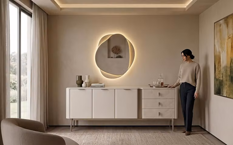 Set di mobili contenitori: credenza, specchio, stile moderno, beige, elegante, mobile contenitore, mobile bar