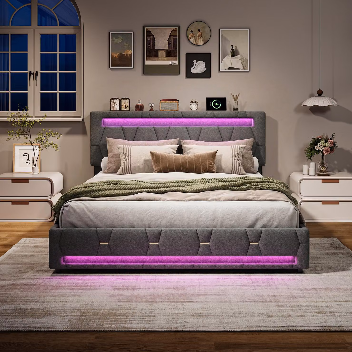 Letto imbottito ProximaX 140x200 cm grigio – Letto matrimoniale con LED RGB, controllo tramite app, 4 cassetti, testiera regolabile in altezza, vano portaoggetti