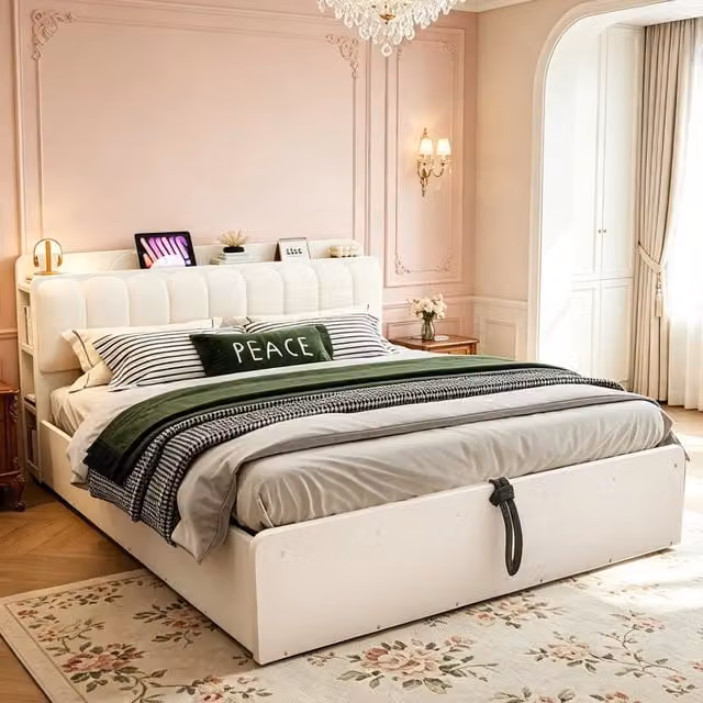 Letto contenitore matrimoniale 180 × 200 cm con sollevamento idraulico, USB e luce notturna, senza materasso, bianco