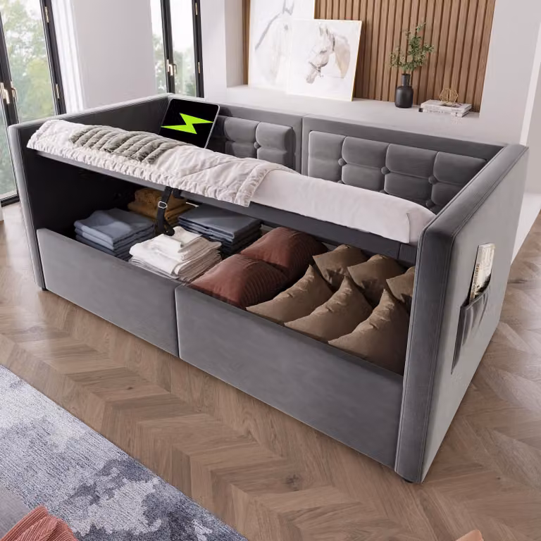 MODFU Divano letto Divano letto imbottito 90x190 con spazio di archiviazione idraulico, letto per ospiti con rete a doghe, USB e Type-C, Grigio, Senza materasso