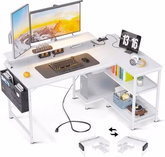 Scrivania a L con porta USB e prese, scrivania angolare, gaming con pannelli, rovesciabile, scrivania a L con sostegno per monitor per ufficio, ufficio domestico (120 x 80 x 88 cm, bianca)