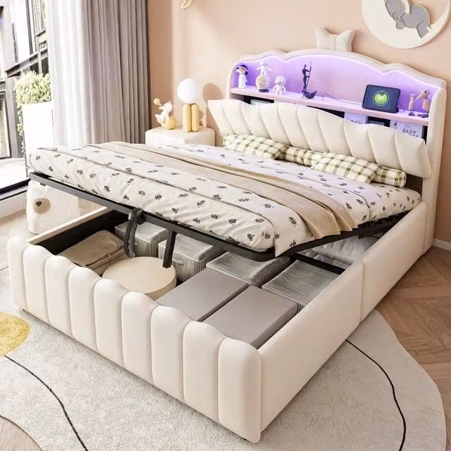 Letto contenitore imbottito per bambini ¨C Minimal ¨C Beige velluto 140x200cm testiera led idraulico