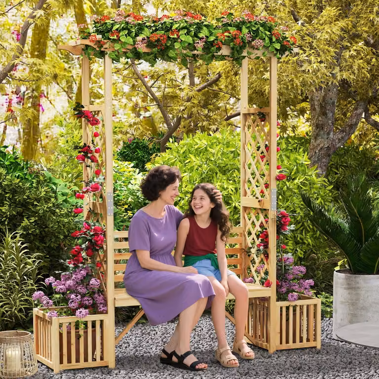 Panchina da giardino Costway in legno con pergolato e traliccio per piante rampicanti, colore marrone