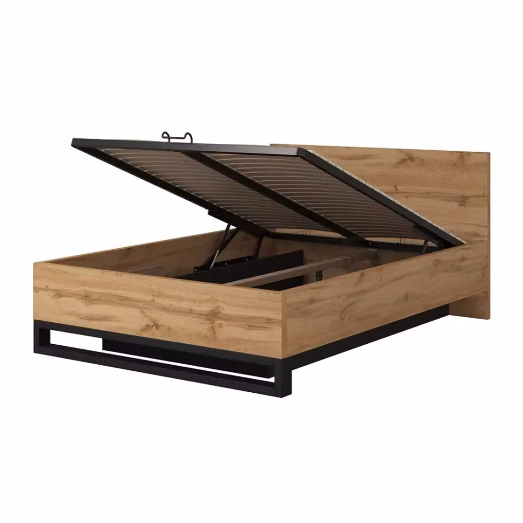 Set camera completa stile industriale Meublorama collezione MILOS in rovere grezzo e nero con armadio, letto contenitore 140x200 cm, cassettiera e comodini – 2