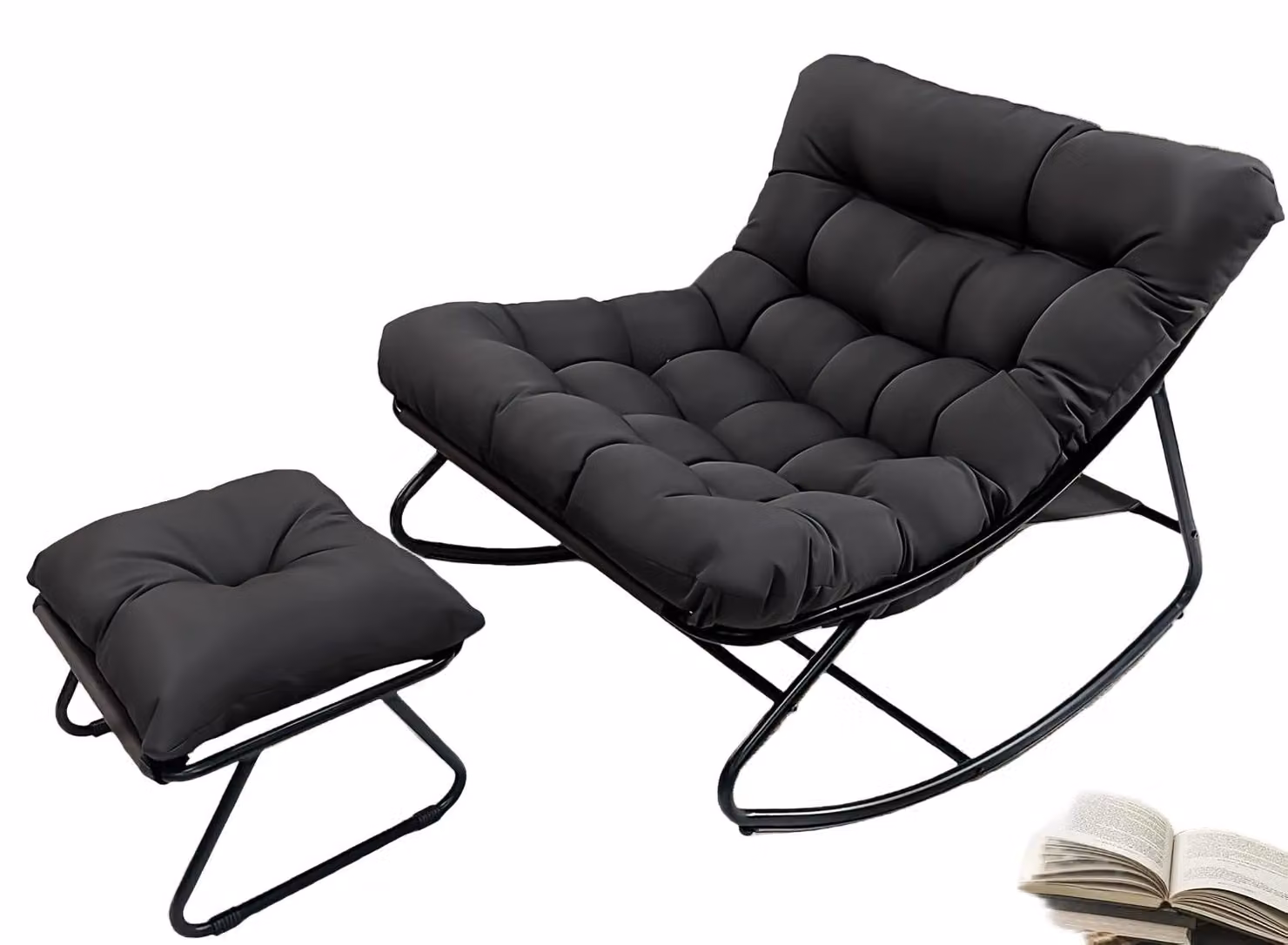 Sedia a dondolo - Poltrona girevole - Poltrona relax - Sedia nera - Schienale regolabile manualmente
