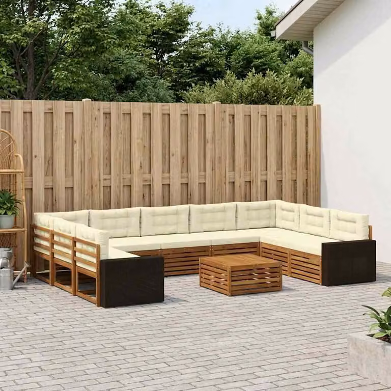 Set di divani da esterno a forma di U vidaXL in legno di acacia con cuscini, colore beige, bianco e marrone