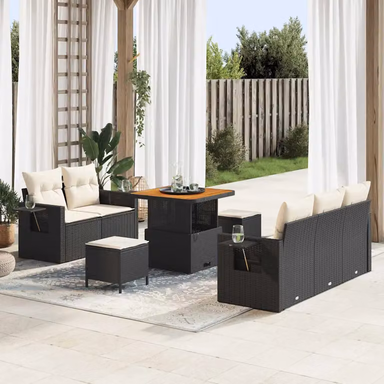 Set Divano da Giardino vidaXL 10 Pezzi Moderno in Polyrattan con Cuscini Nero e Beige