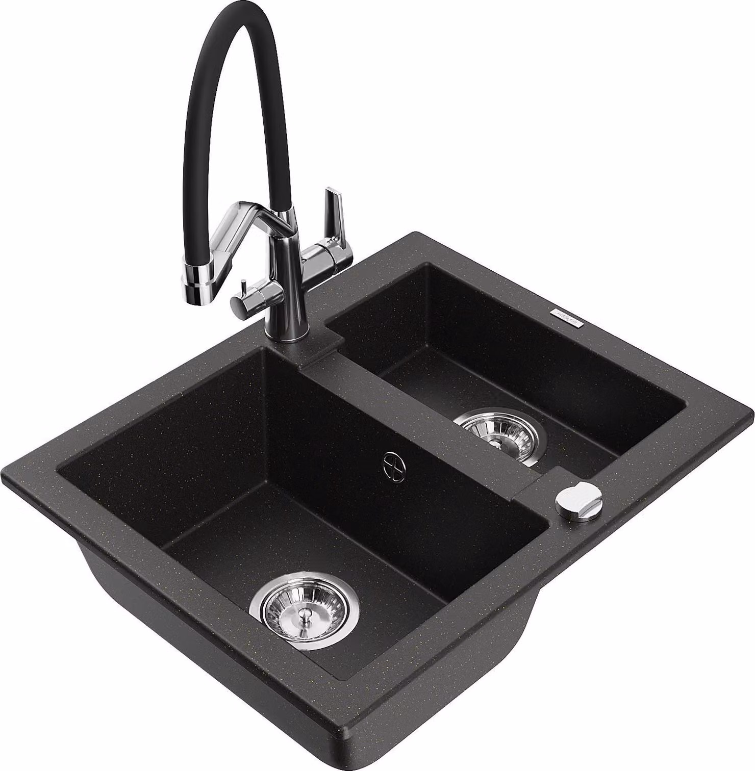 Mexen Carlos lavello in granito a 1,5 vasche con rubinetto da cucina Duo, nero/oro metallizzato - 6518-75-671701-07