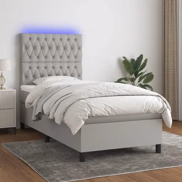 Letto a molle con illuminazione LED e porta USB vidaXL in tessuto grigio chiaro, L/P/H: 90 x 190 cm – 1