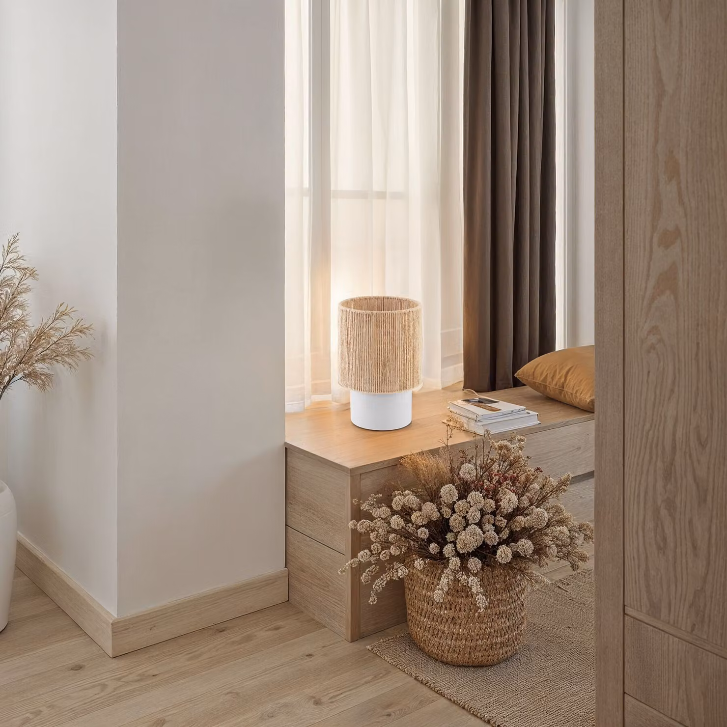 Lampada da tavolo Tectake in stile boho beige con paralume cilindrico in rattan e dettagli in metallo, H: 30.5 cm, L: 20.5 cm, P: 20.5 cm – 2