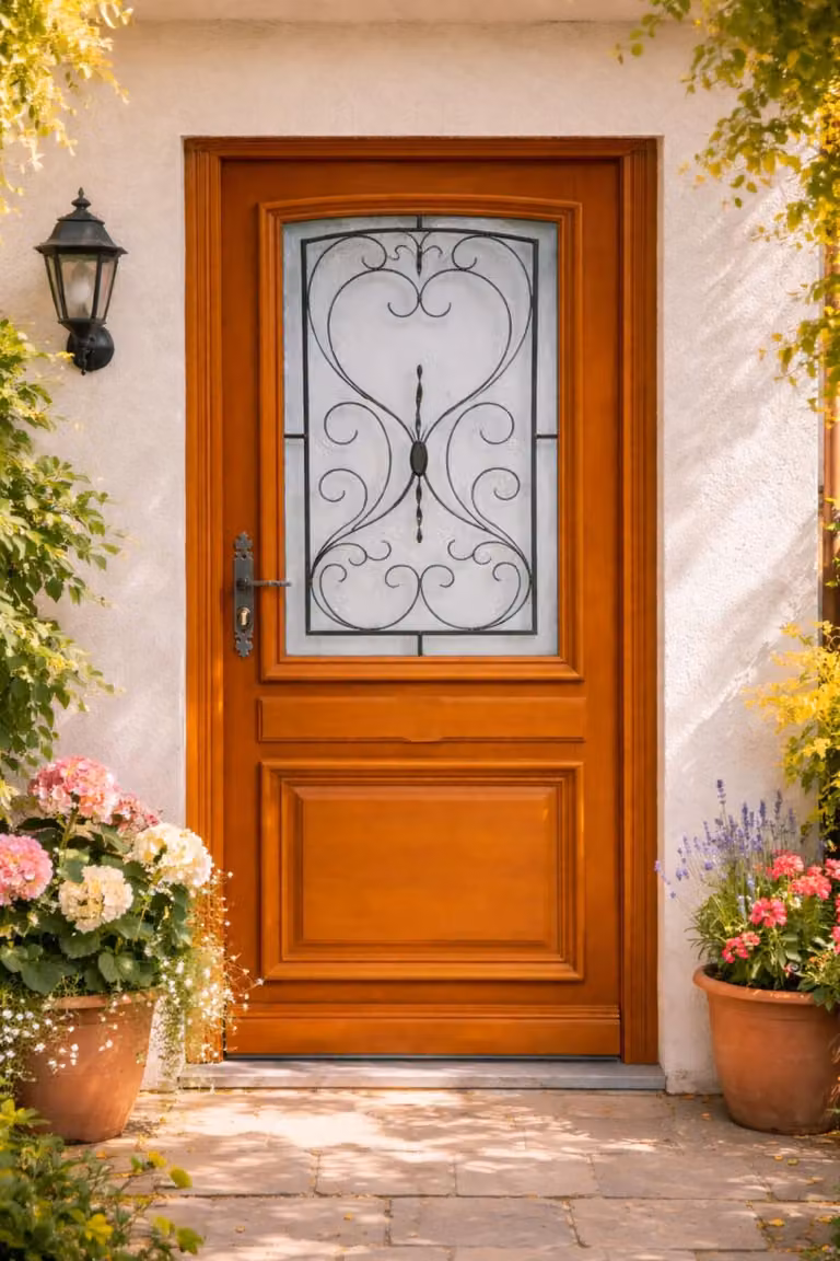 Porta d'ingresso in legno con vetro, Curcuma, H.215xL.90 cm, lato pannello dritto, maniglia, cilindro, pulsante, GD MENUISERIES