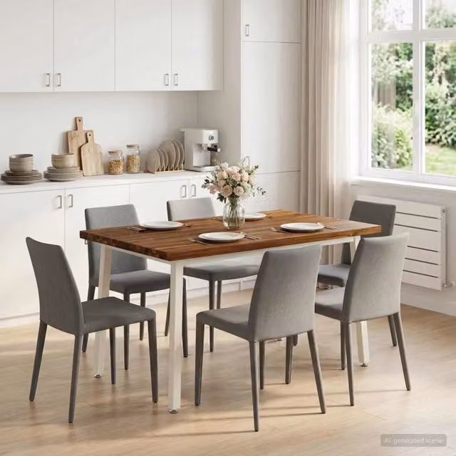 Tavolo da pranzo moderno vidaXL in legno di acacia massello e metallo, L: 120 cm, P: 70 cm, H: 75 cm, Bianco e Marrone