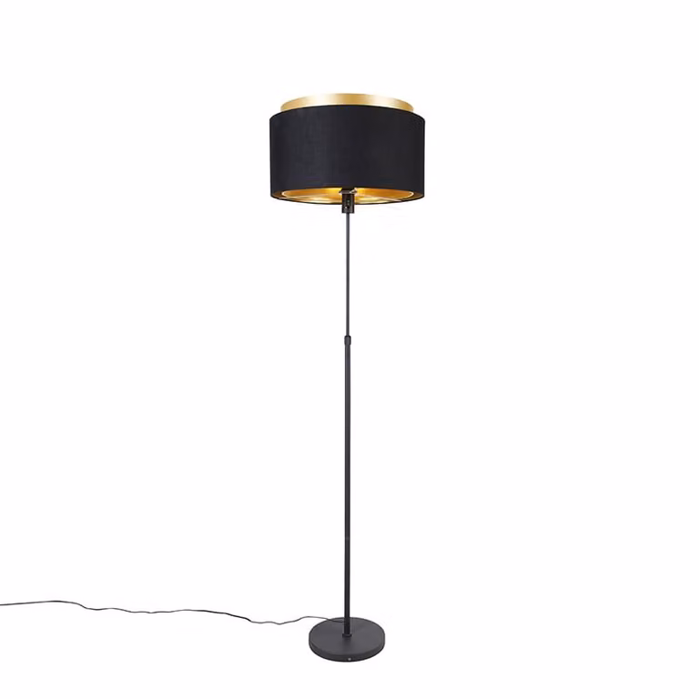 Lampada da terra moderna nera con doppio paralume dorato Parte