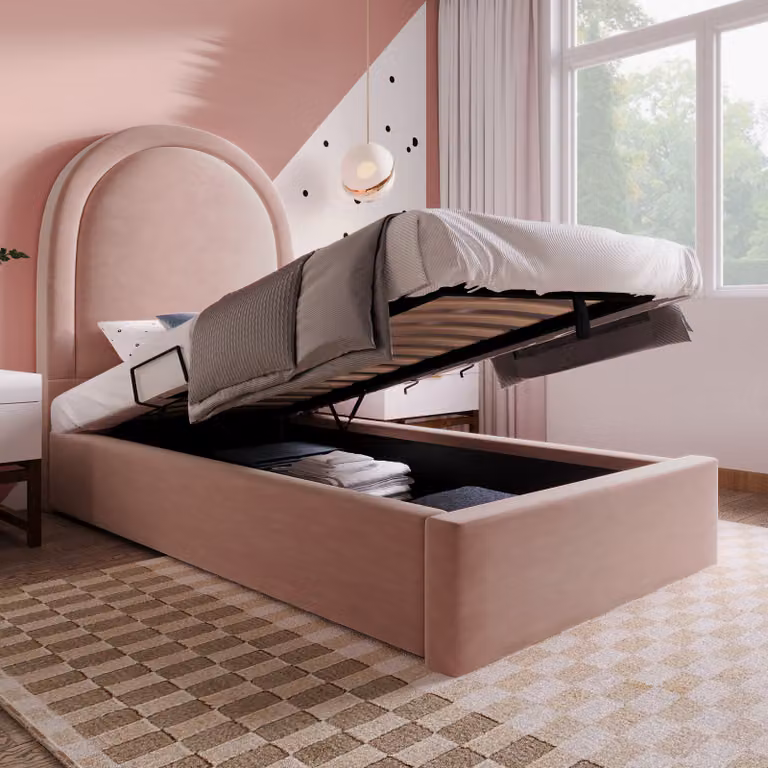 Letto imbottito idraulico Flieks 90x190cm con rete a doghe, letto contenitore letto per bambini letto per ragazzi con contenitore, letto a molle letto singolo letto in legno, velluto