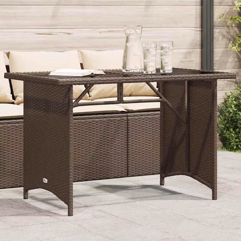 vidaXL Tavolo da giardino moderno in polyrattan marrone con piano in vetro, L: 110 cm, P: 68 cm, H: 70 cm