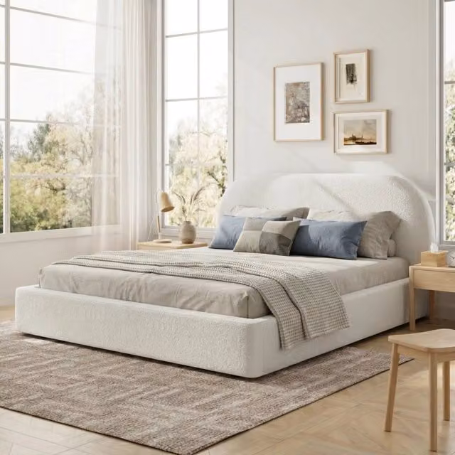 Letto matrimoniale 180×200 cm con testiera imbottita lavabile, senza materasso, in tessuto bouclé beige