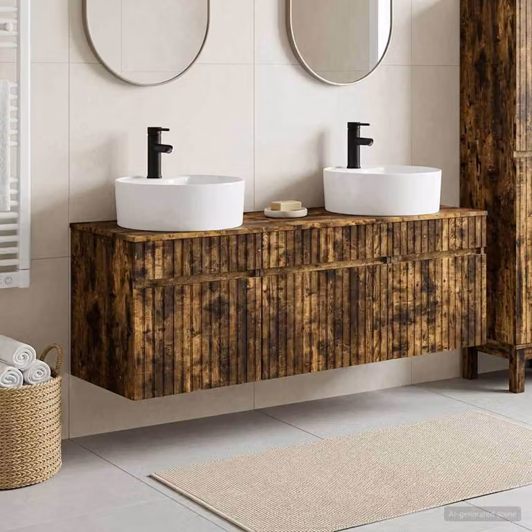 Set di 3 mobili da bagno moderni vidaXL in legno color rovere fumo, con pensili e base L/P/H: 49 x 44,5 x 65 cm