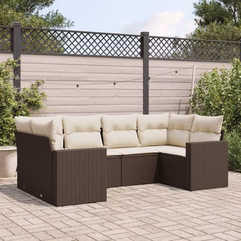 Set Divano da Giardino a L vidaXL 6 pz in Polyrattan Marrone con Cuscini Bianchi