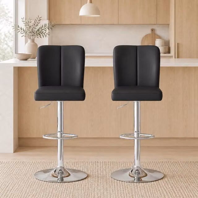 Set 2 sgabelli da bar regolabili e girevoli 360° in PU nero con struttura argento HAVRYA