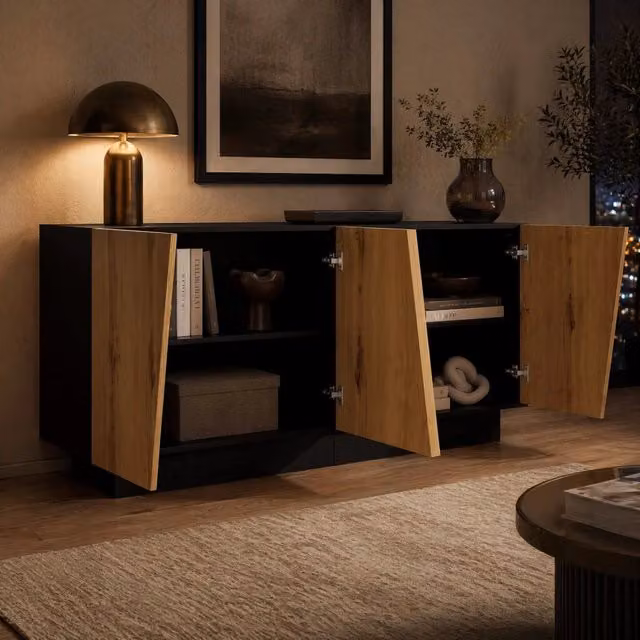 Madia moderna REDOM in MDF nero e legno con ripiano regolabile L: 160 cm, H: 72 cm, P: 40 cm