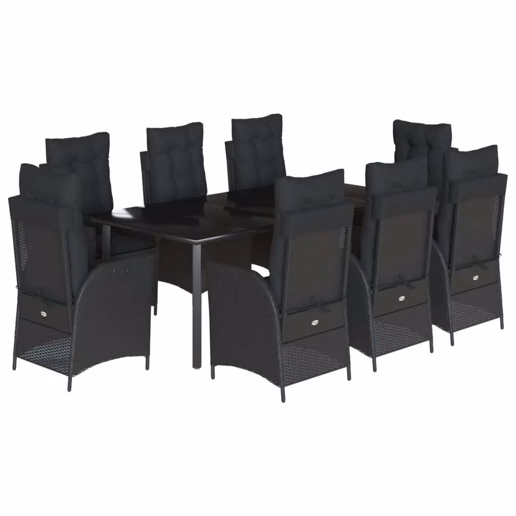 Set da Pranzo da Giardino 9 pz con Cuscini Nero in Polyrattan