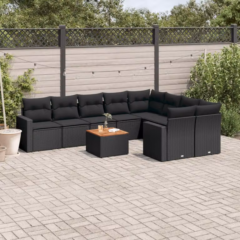 vidaXL Set Divani da Giardino 10pz in Polyrattan Nero con Cuscini Imbottiti e Tavolino da Esterno