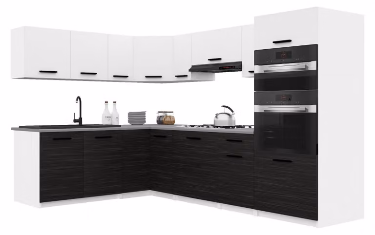 Belini - Angolo cottura moderno ITALIA 8 - Mobili da cucina 420 cm bianco-ebano opaco - Cucina componibile con pensili, mobili base e piani di lavoro
