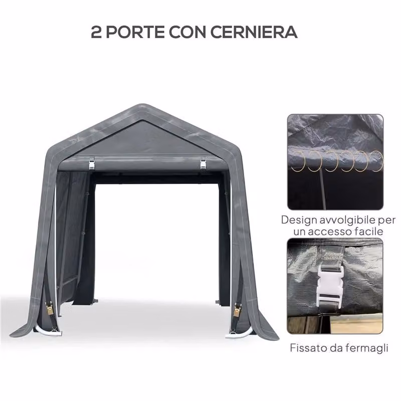 Carport Tenda Garage per Veicoli e Biciclette in Metallo e Poliestere Grigio Scuro L: 240 cm, P: 200 cm, H: 202 cm – 2