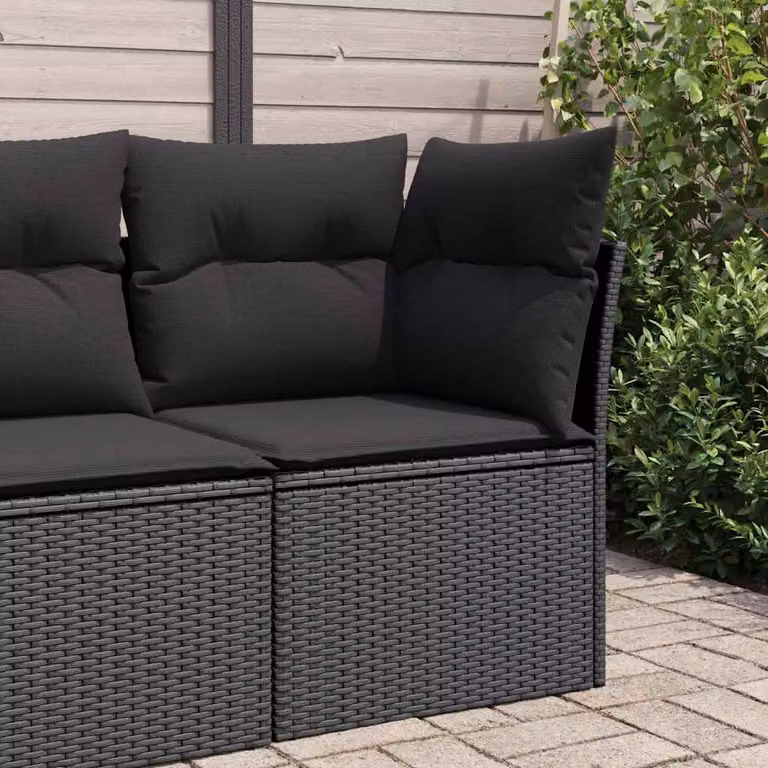 Divano da giardino angolare vidaXL in polyrattan nero con cuscini imbottiti e coperture rimovibili