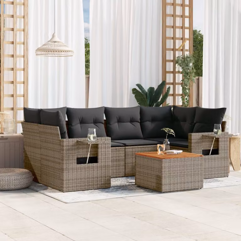 vidaXL Set Divani da Giardino a L 7 pz in Polyrattan Grigio con Cuscini e Tavolino da Caffè