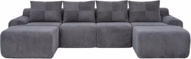 Divano modulare 4 posti 333x174x80 cm in tessuto a coste con portabevande; grigio scuro