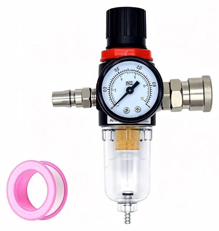 Separatore d'acqua per aria compressa, dotato di regolatore di pressione e manometro, realizzato in lega, con nastro adesivo