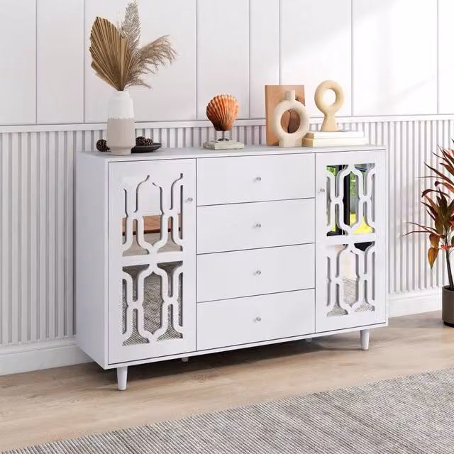 Credenza moderna bianca con top a specchio per soggiorno e ingresso, dotata di 2 ante, 4 cassetti e ripiano interno, L: 147,5 cm, P: 40 cm, H: 102 cm