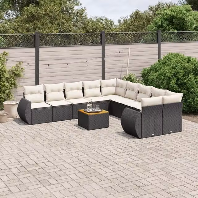 Set di Divani da Giardino vidaXL 11 Pezzi in Polyrattan Nero con Cuscini e Tavolino da Esterno a Forma di L