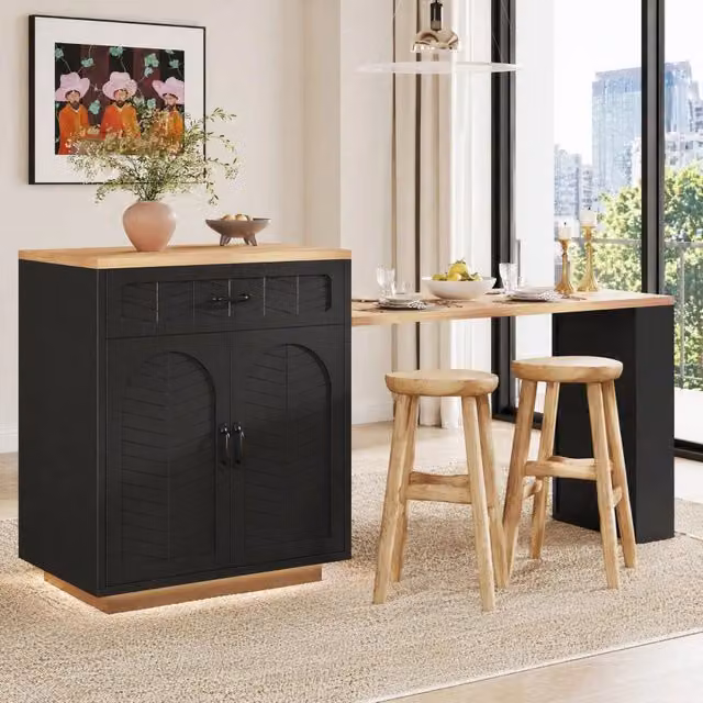 Desviae Isola da cucina con tavolo estensibile 2 cassetti 4 ante e portabottiglie in MDF nero 80 × 70 × 95,5 cm