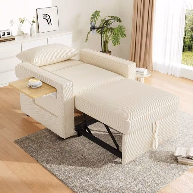 Divano letto 1 posto multifunzione con USB; Type-C e supporto smartphone; velluto a coste beige