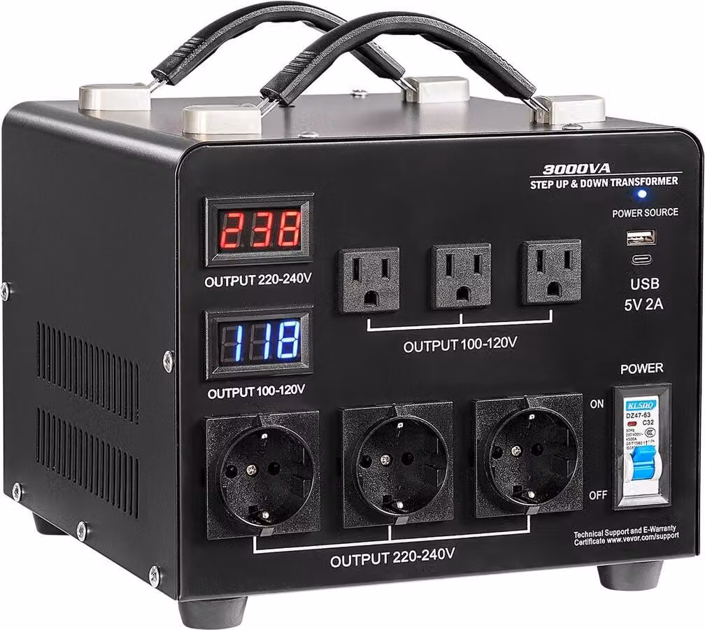 Trasformatore convertitore automatico di tensione, 3000 VA, trasformatore di potenza step-up/step-down per impieghi gravosi, da 110 V a 220 V e da 220 V a 110 V, con 3 prese USA, 3 prese UE, display LCD, protezione con interruttore automatico