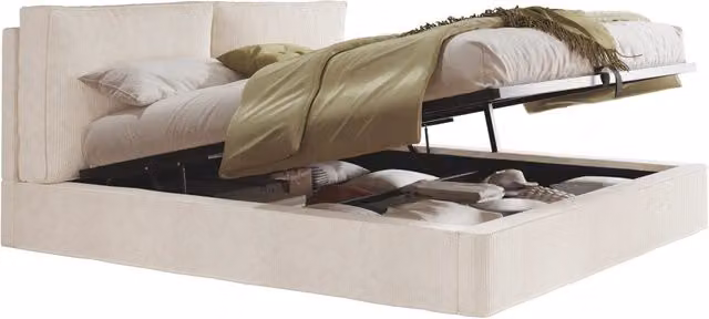 Letto imbottito matrimoniale 180 x 200 cm con contenitore idraulico, testiera alta 105 cm e rivestimento in velluto a coste beige