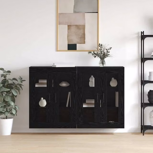 Set di 2 armadi da muro moderni vidaXL in legno rovere nero con ante in vetro e ripiani interni, L: 69,5 cm, P: 34 cm, H: 90 cm
