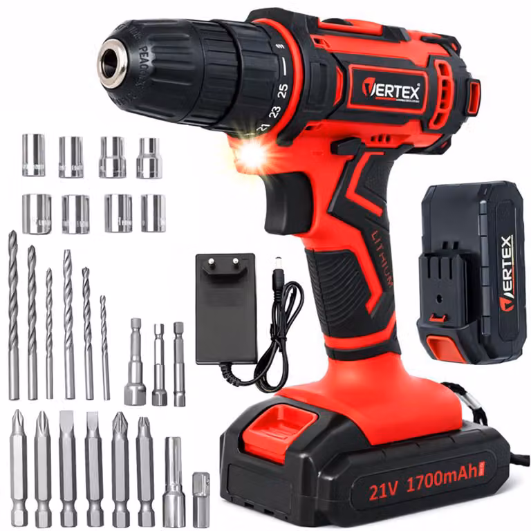 Trapano avvitatore a batteria 21V, 32 Nm, 2 batterie, caricabatterie + valigetta con accessori, VERTEX