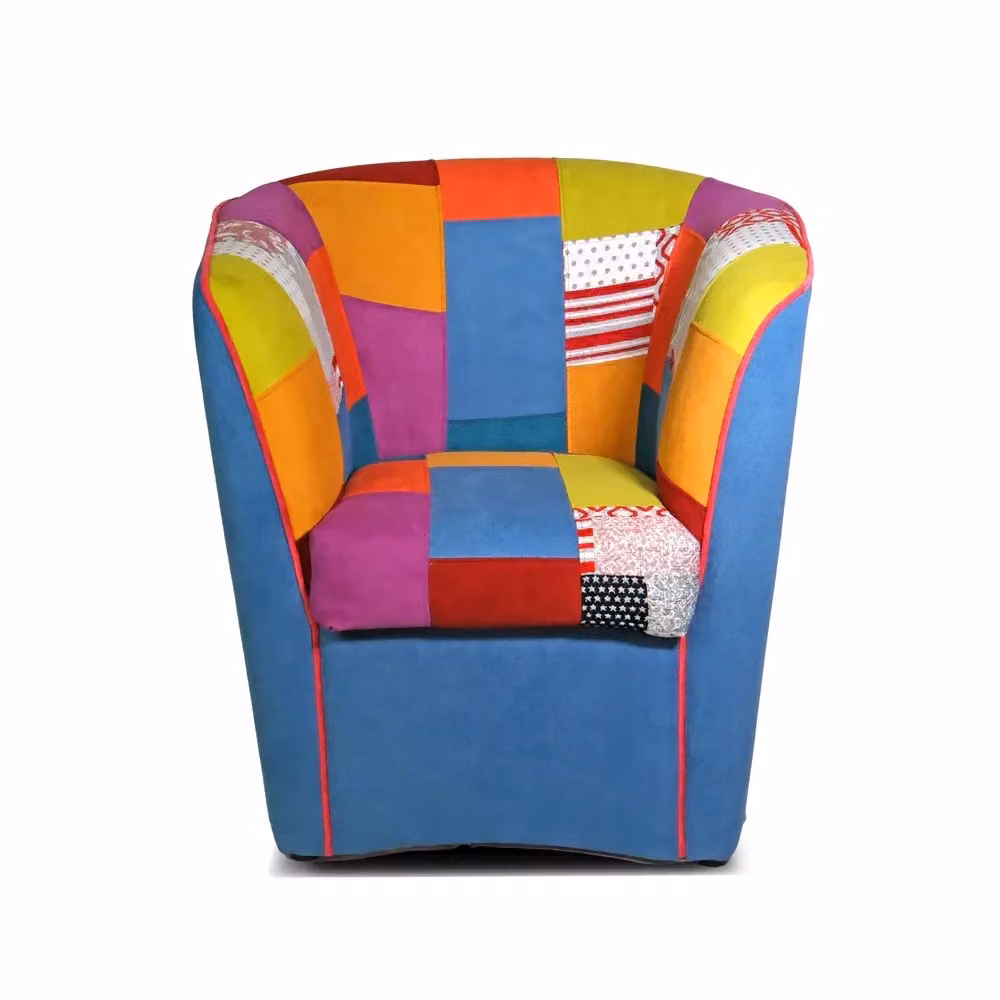 Poltrona modello Tub Redokasa in stile Boho con braccioli, tessuto multicolore blu con fantasia astratta e struttura in legno robusta – 2