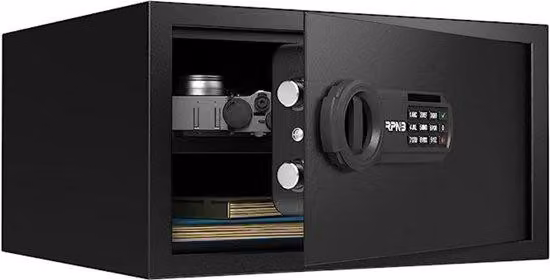 Cassaforte antincendio elettrica con combinazione e chiave, capacità di 28 litri, design elegante, colore nero