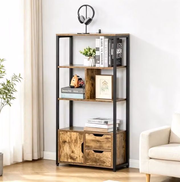 Libreria ULEVR 58x24x122 cm con 3 ripiani, armadietto e 2 cassetti scorrevoli, effetto legno antico e nero