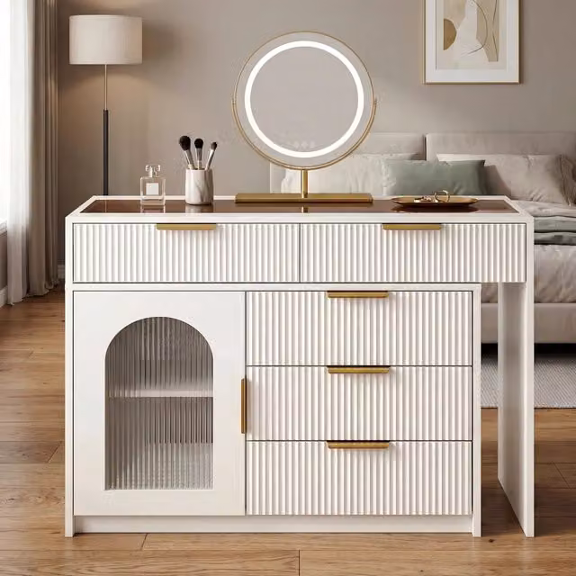 Toeletta, piano in vetro, specchio con illuminazione a LED, allungabile, 75x90-160x40 cm, bianco