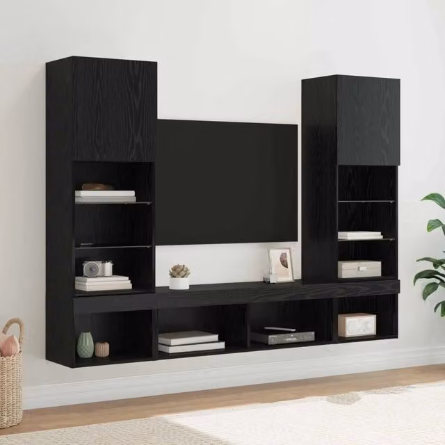 Unità a muro per TV con LED 5 pz Rovere Nero 3402959